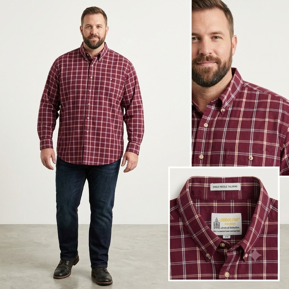 London Fog Button-Down Shirt Men 2X Burgundy Plaid Single Needle Tailoring